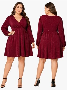SHEIN Curve Plus Size 0X Holiday Shimmer Dress Burgundy Sparkle Long Sleeve